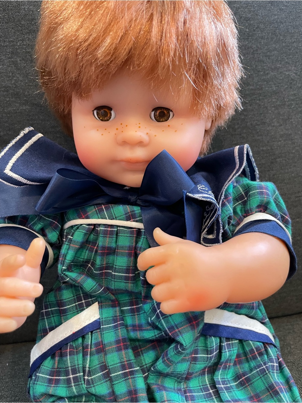 Classic Green Plaid Sailor Doll with Blue Ribbon - Kids Toy